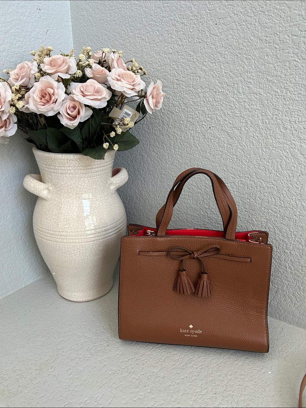 kate spade Brown Pebbled Leather Satchel with Red Interior